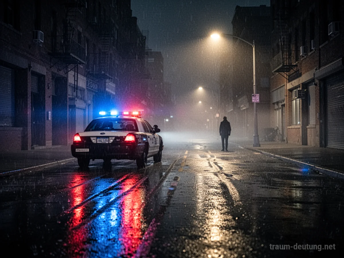 Traumsymbol Polizei: Ein einsames Polizeiauto mit blinkenden Lichtern beleuchtet eine nasse, verlassene Stadtstraße bei Nacht, während eine dunkle Gestalt unter einer Laterne steht.