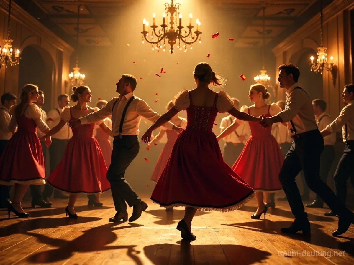 Traumsymbol Polka: Ein lebhaftes Polka-Tanzpaar in traditionellen Trachten tanzt in einem rustikalen Ballsaal unter goldenem Licht.