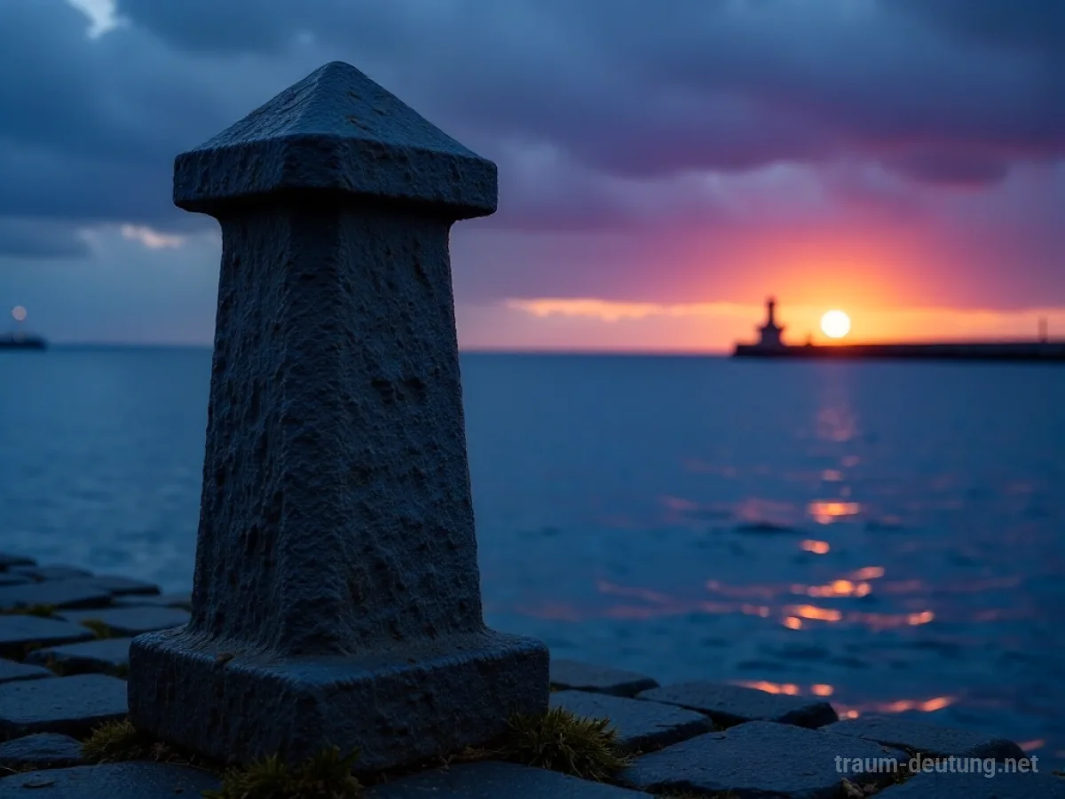Traumsymbol Poller: Ein verwitterter, grauer Steinpoller steht auf einem kopfsteingepflasterten Kai am Meer unter einem violett-orangenen Dämmerungshimmel.