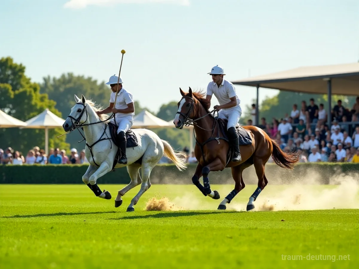 Traumsymbol Polo: Ein dynamisches Polospiel auf einem sonnenbeschienenen grünen Feld mit galoppierenden Pferden und Reitern in Weiß, während der Ball in der Luft ist.