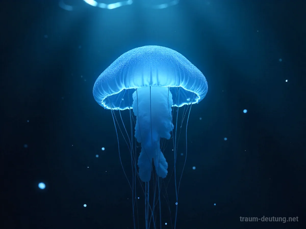 Traumsymbol Polypen: Ein großer, transparenter Polyp mit zarten Tentakeln schwebt in einem dunklen Ozean, beleuchtet von biolumineszentem Plankton.