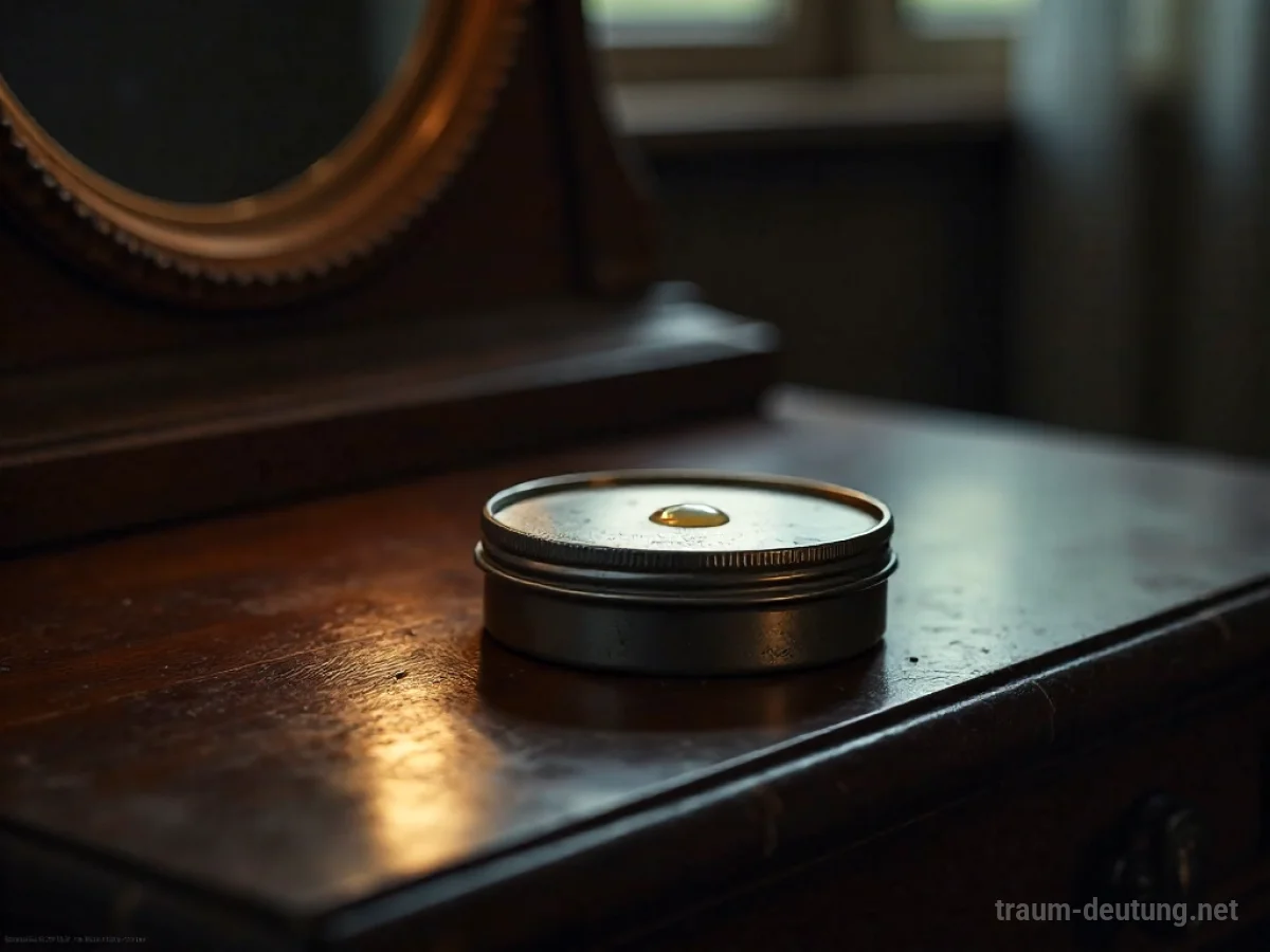 Traumsymbol Pomade: Eine alte, leicht angelaufene Metalldose Pomade steht auf einem dunklen Holzmöbel, beleuchtet von einem einzelnen Mondlichtstrahl.