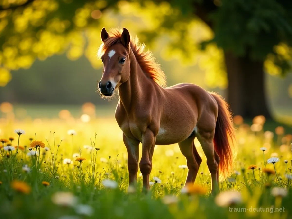 Traumsymbol Pony: Ein junges, majestätisches Pony mit wallender Mähne steht in einer sonnenbeschienenen Wiese voller Wildblumen, während goldenes Sonnenlicht durch die Blätter eines alten Baumes fällt.