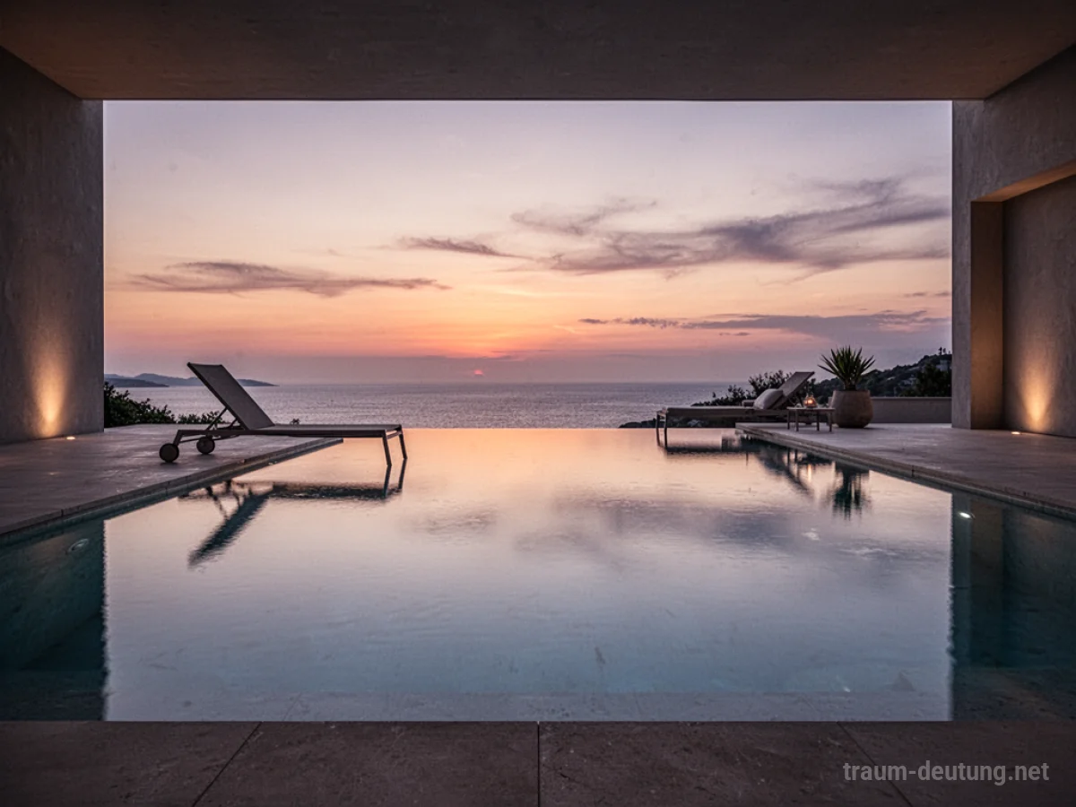 Traumsymbol Pool: Ein ruhiger, kristallklarer Pool spiegelt den Abendhimmel mit sanften Orange- und Lilatönen wider, umgeben von einer minimalistischen Terrasse.