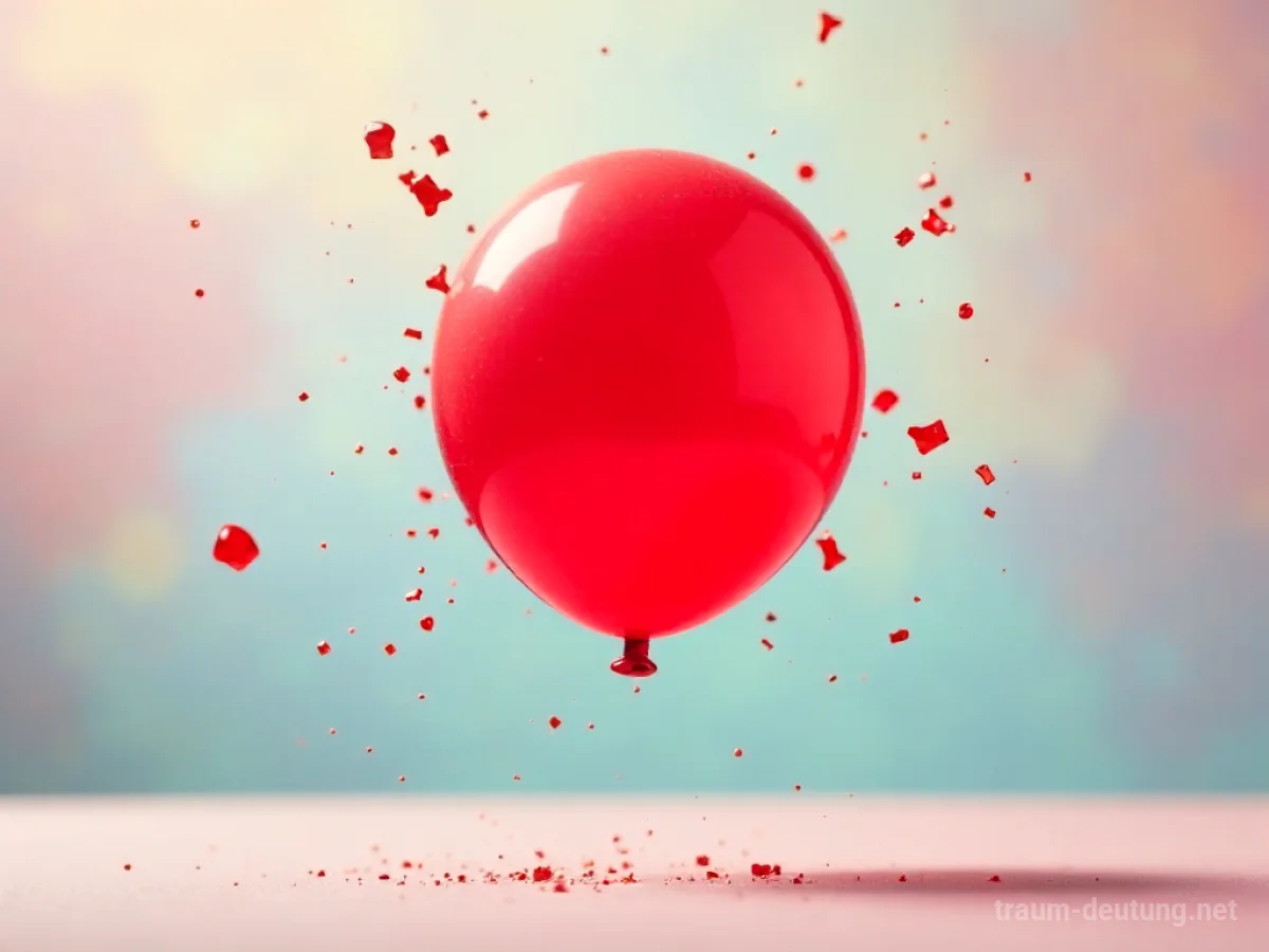 Traumsymbol Pop: Ein roter Ballon platzt in der Luft, rote Fragmente verteilen sich vor einem unscharfen, pastellfarbenen Hintergrund.