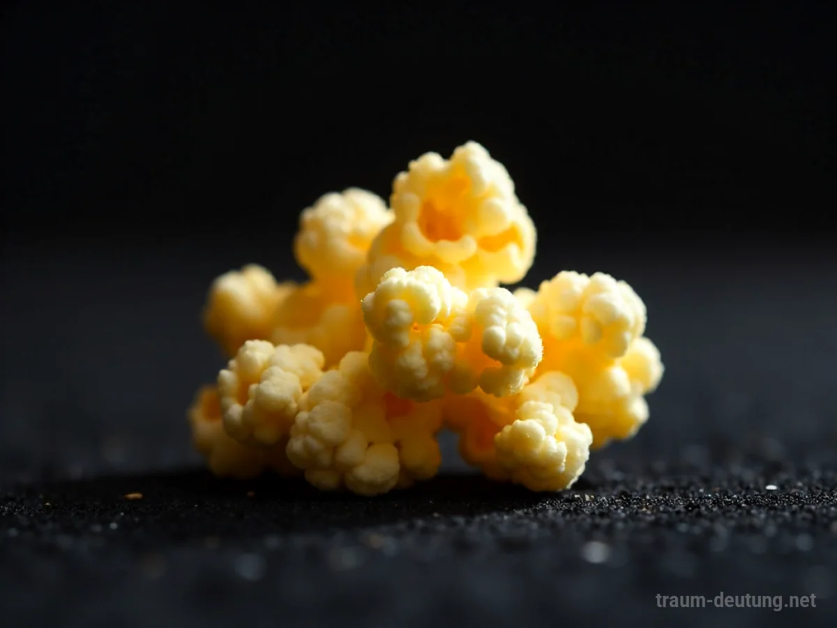 Traumsymbol Popcorn: Ein einzelnes, goldenes Popcornkorn liegt auf dunklem Samt, beleuchtet von unten.