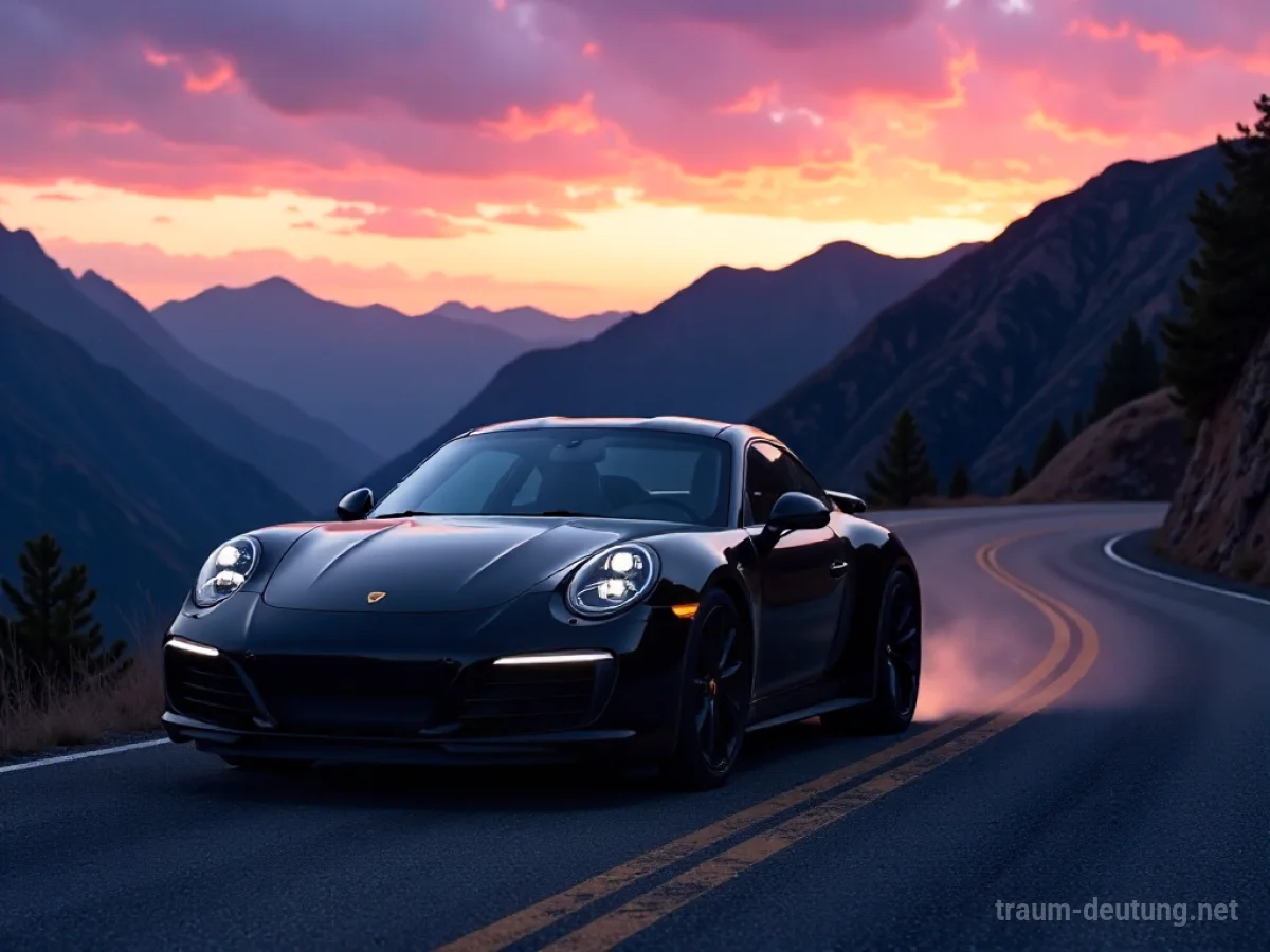 Traumdeutung Porsche: Ein glänzender, schwarzer Porsche 911 S steht auf einer einsamen Bergstraße im Zwielicht, umgeben von Nebel.