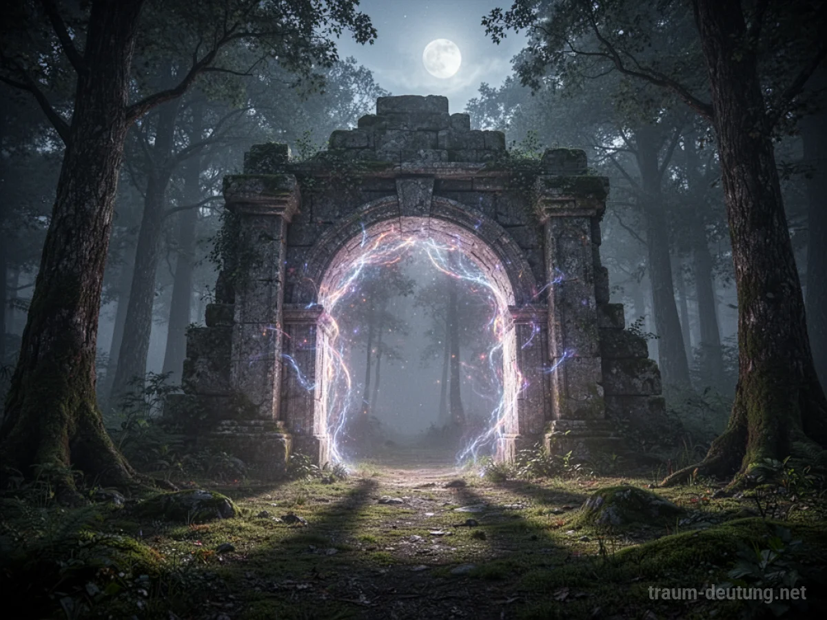 Traumsymbol Portal: Ein mystisches Steintor in einem nebligen Wald, das von ätherischer Energie erleuchtet wird.