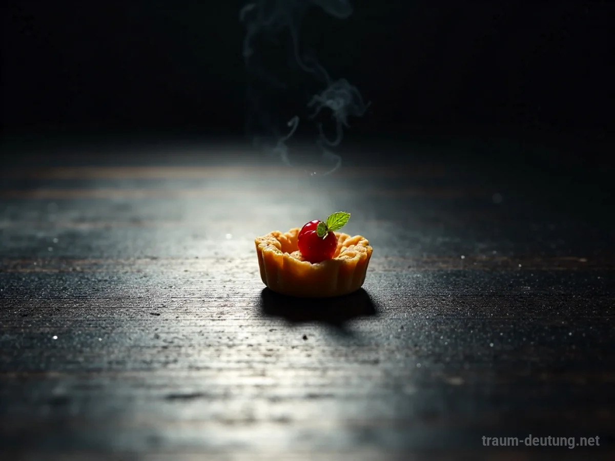 Traumsymbol Portion: Eine kleine, perfekt arrangierte Portion Essen steht auf einem dunklen Holztisch im gedämpften Licht.