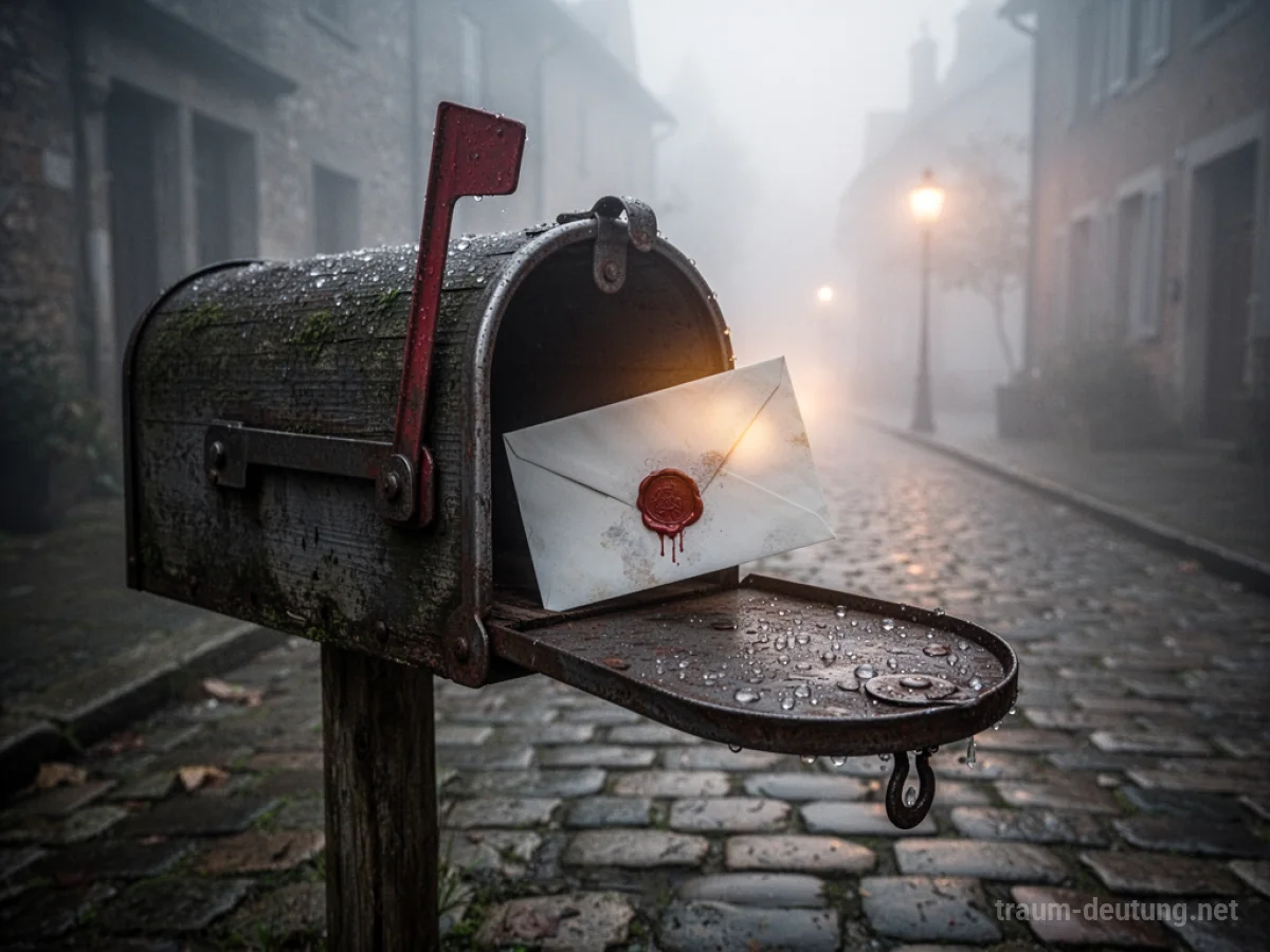 Traumdeutung Post: Ein alter hölzerner Briefkasten steht auf einer nebligen Gasse, ein Brief ragt hervor, beleuchtet von sanftem Morgendlicht.