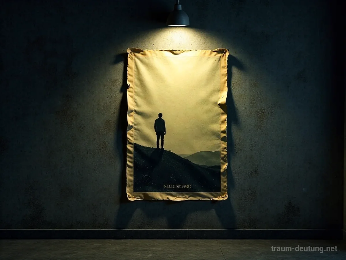 Traumsymbol Poster: Ein vergilbtes Filmplakat mit einer einzelnen Figur hängt an einer dunklen Betonwand, beleuchtet von einem einzelnen Scheinwerfer.