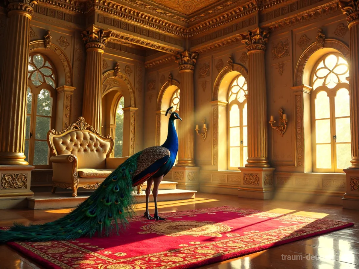 Traumsymbol Pracht: Ein majestätischer Pfau steht in einem prunkvollen Thronsaal, beleuchtet von goldenem Sonnenlicht.