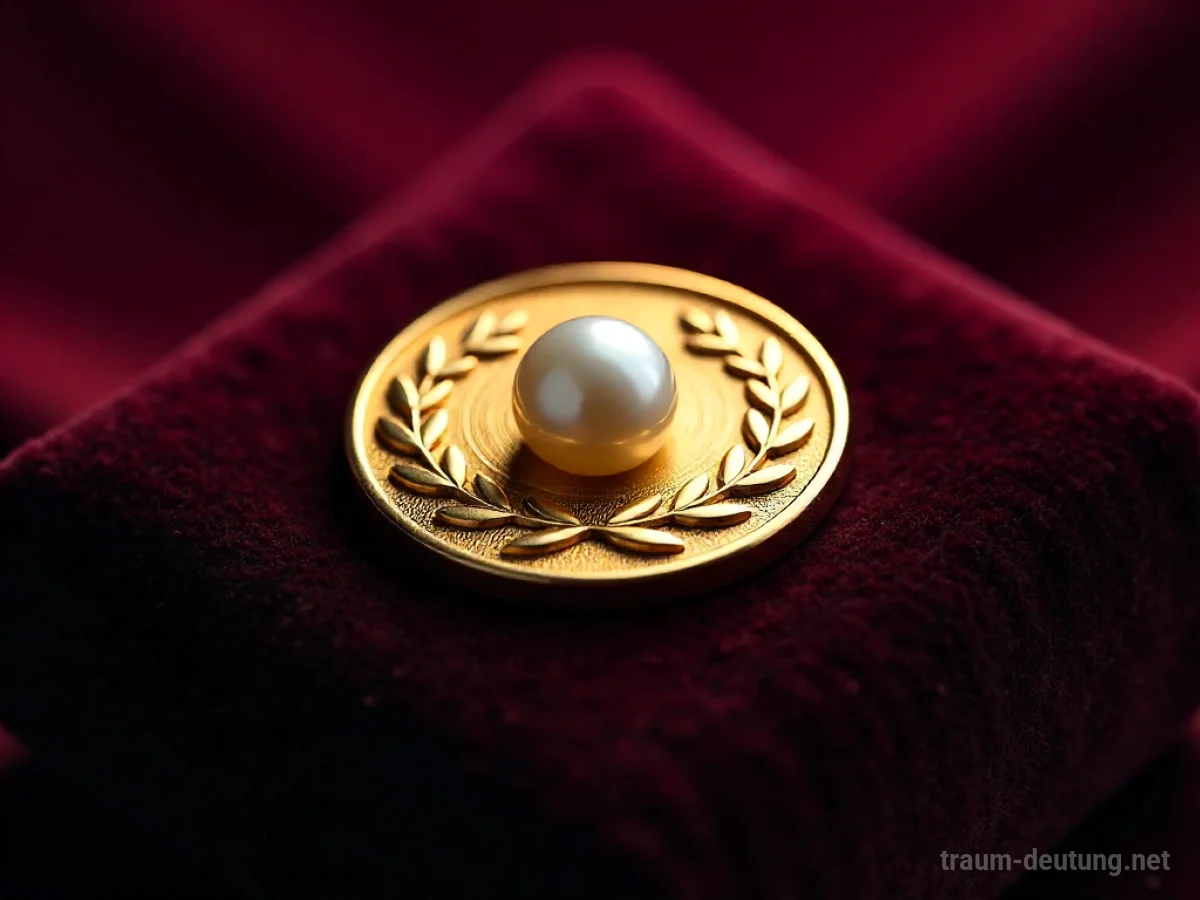 Traumsymbol Prämie: Eine goldene Medaille mit Lorbeerkranz und Perle liegt auf einem Samtkissen im warmen Licht.