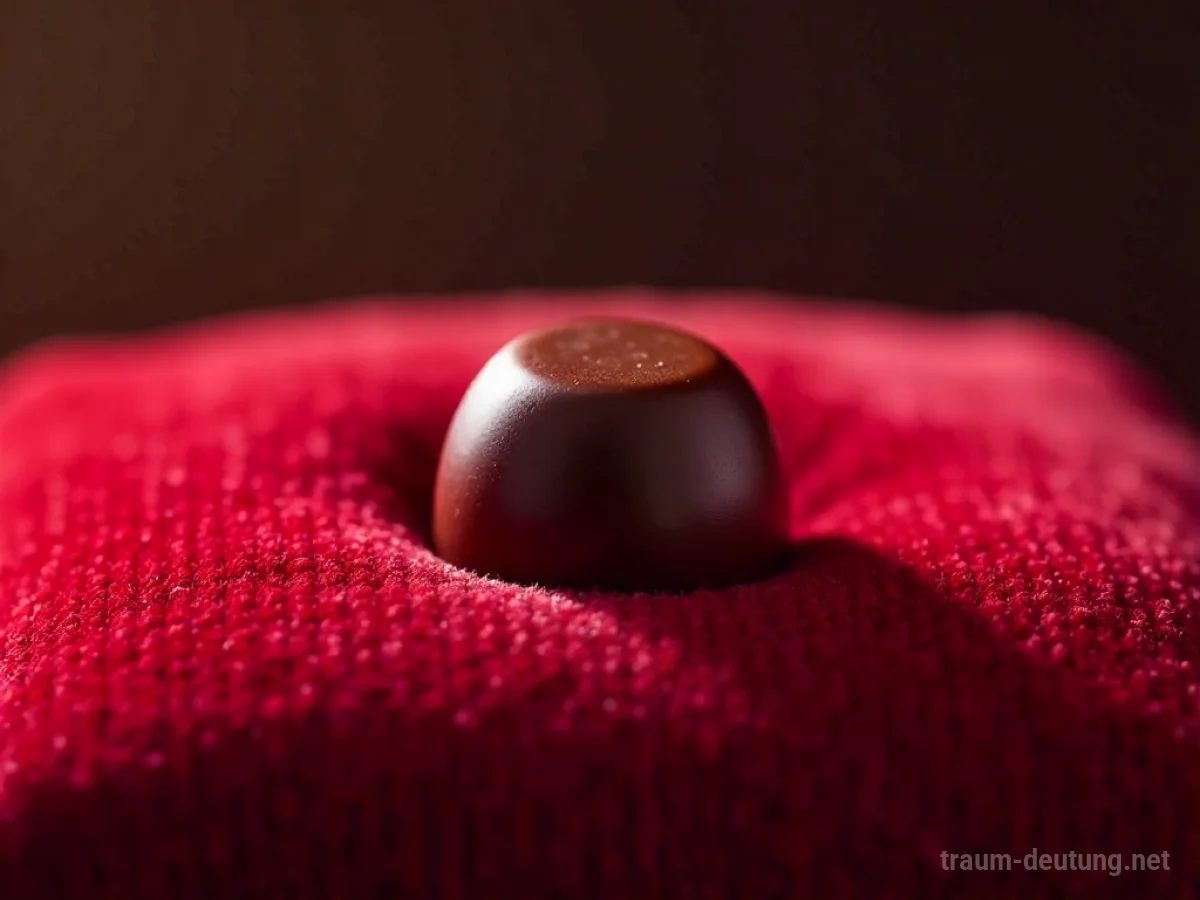 Traumsymbol Praline: Eine einzelne, glänzende dunkle Schokoladenpraline liegt auf einem samtigen roten Kissen, beleuchtet von warmem Licht.
