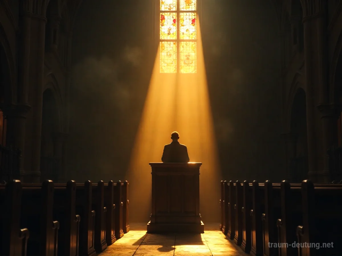 Traumdeutung Predigt: Eine einzelne Gestalt steht an einem alten Holzpult in einer dunklen Kirche, beleuchtet von einem Lichtstrahl.