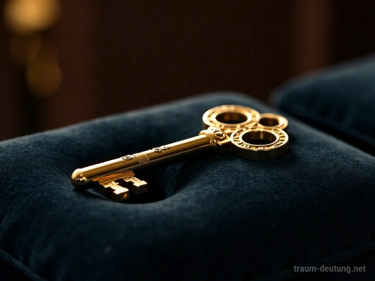 Traumsymbol Premium: Ein glänzender goldener Schlüssel liegt auf einem dunklen Samtkissen, beleuchtet von warmem Licht.