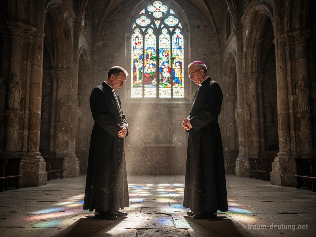 Traumdeutung Priester: Ein katholischer Priester in traditionellen schwarzen Gewändern steht nachdenklich in der gedimmten, ehrwürdigen Atmosphäre einer alten Steinkathedrale, während Licht durch ein Buntglasfenster fällt.