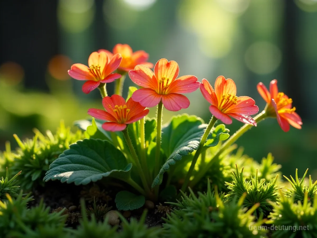 Traumsymbol Primel: Ein Bündel leuchtender, taufrischer Primelblüten im Morgensonnenlicht auf moosigem Waldboden.