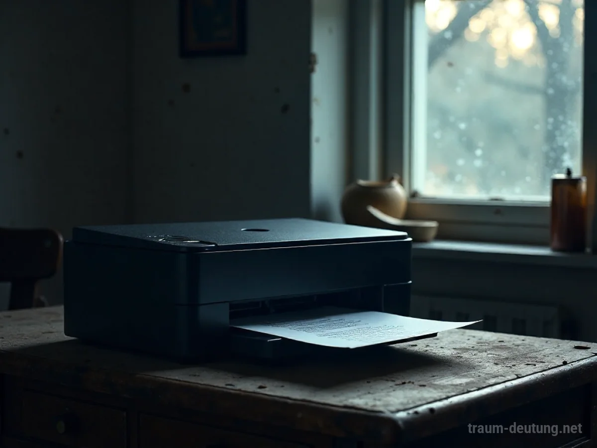 Traumdeutung Printer: Ein moderner, schwarzer Drucker steht auf einem Holztisch in einem schwach beleuchteten Arbeitszimmer, aus dem Papier mit abstrakten Mustern ragt.
