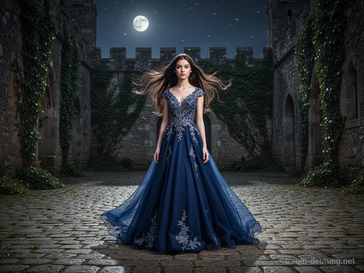 Traumsymbol Prinzessin: Eine junge Frau in einem eleganten, blauen Kleid steht in einem mondbeschienenen Burghof, umgeben von alten Mauern und Sternenhimmel.