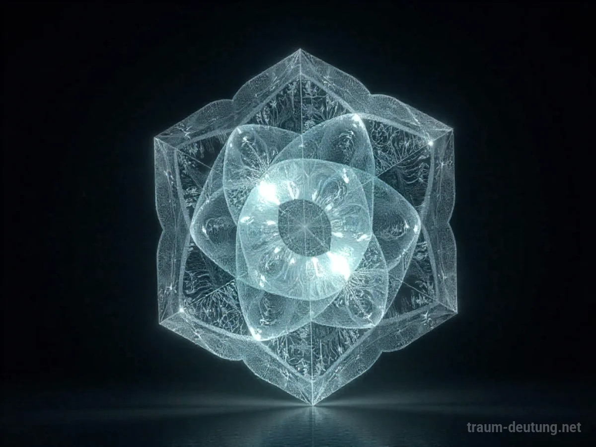 Traumsymbol Prinzip: Eine leuchtende, komplexe geometrische Struktur aus Licht schwebt in einer dunklen Leere, symbolisiert universelle Gesetze.