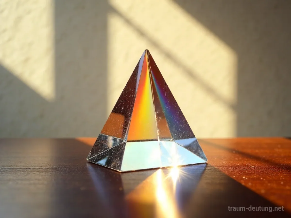 Traumsymbol Prisma: Ein scharfkantiges, kristallklares Prisma zerlegt einen Lichtstrahl in ein lebendiges Regenbogenspektrum auf einer Wand.