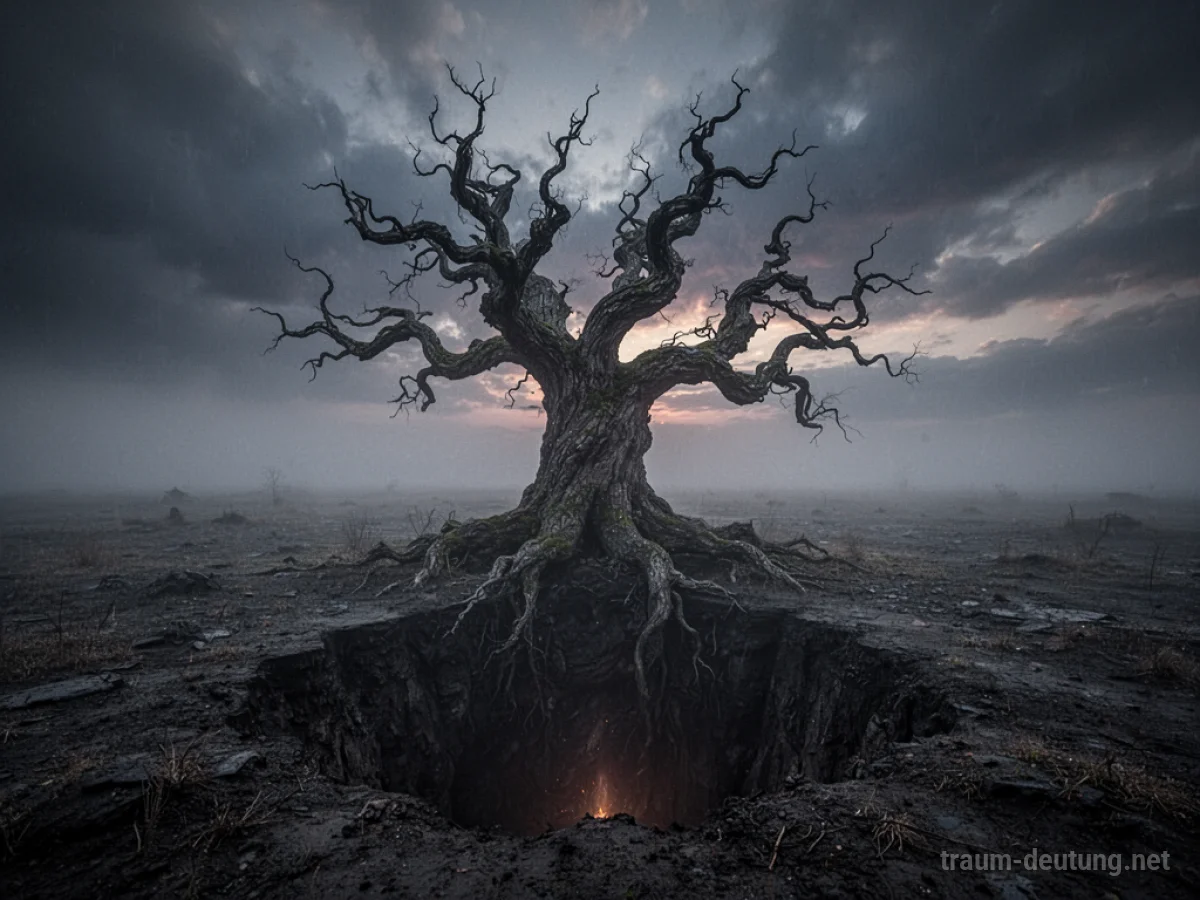 Traumsymbol Problem: Ein knorriger, alter Baum steht isoliert in einer nebelverhangenen, trostlosen Landschaft unter einem stürmischen Abendhimmel, mit einer dunklen Kluft an seiner Basis.