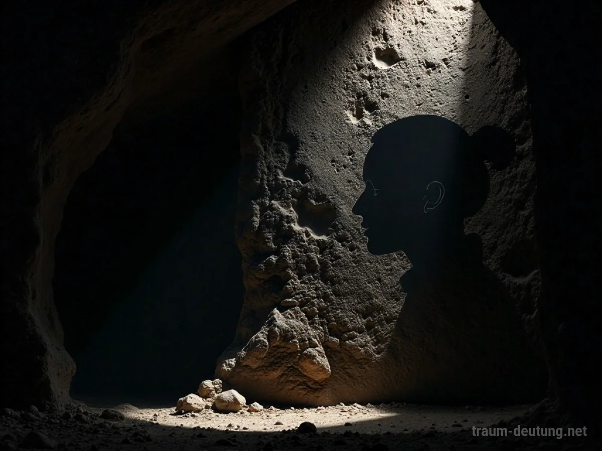 Traumsymbol Profil: Eine scharfe Silhouette eines menschlichen Profils ist in eine raue Steinwand gemeißelt, beleuchtet von einem einzelnen Spotlight im Dunkeln.