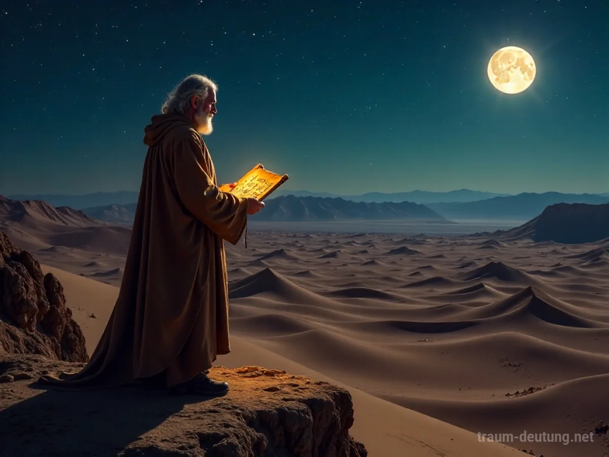 Traumdeutung Prophet: Ein weiser Prophet steht auf einer Felsklippe unter klarem Sternenhimmel und blickt auf eine weite Wüstenlandschaft, während Mondlicht lange Schatten wirft.