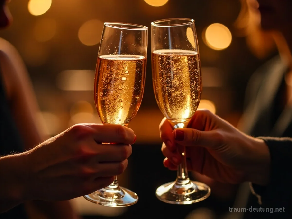 Traumdeutung Prost: Zwei Personen stoßen mit Champagnergläsern an in einer festlichen, warm beleuchteten Atmosphäre mit unscharfen Bokeh-Lichtern im Hintergrund.