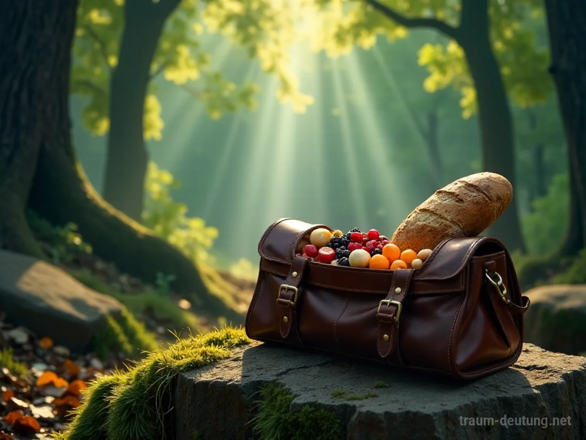 Traumsymbol Proviant: Ein alter Lederbeutel gefüllt mit Trockenfrüchten, Nüssen und Brot liegt auf einem moosbewachsenen Stein in einem mystischen Wald.