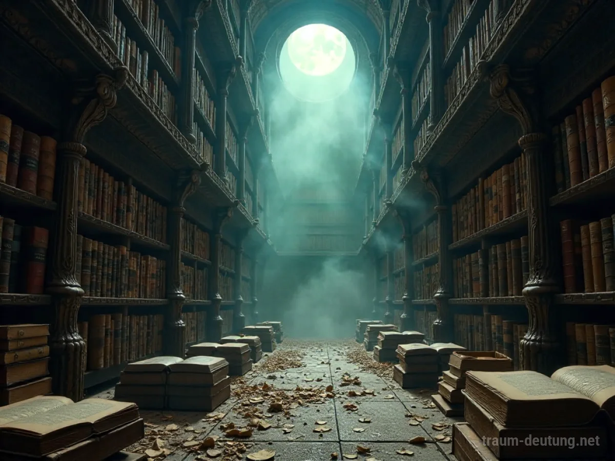 Traumsymbol Prozess: Eine alte Bibliothek mit einem Mondstrahl, der auf einen wirbelnden Strudel aus Seiten in der Mitte scheint, was psychische Entwicklung symbolisiert.