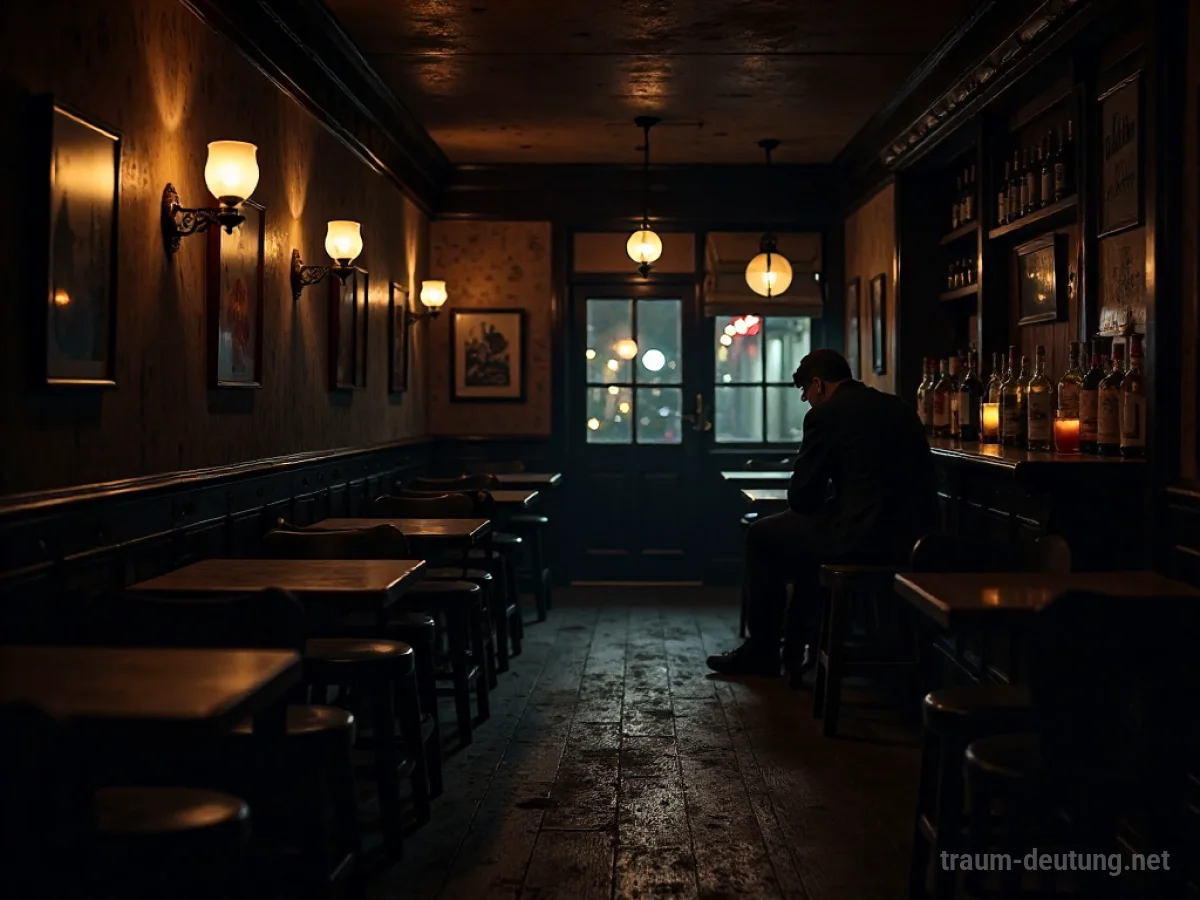 Traumsymbol Pub: Ein einsamer Mann sitzt in einem traditionellen, schwach beleuchteten Pub an einem Holztisch, während draußen die Nacht hereinbricht.