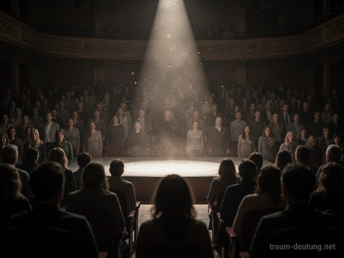 Traumsymbol Publikum: Ein düsterer, leerer Theatersaal voller undeutlicher, gesichtsloser Figuren, beleuchtet von einem einzelnen, harten Scheinwerfer auf der Bühne.