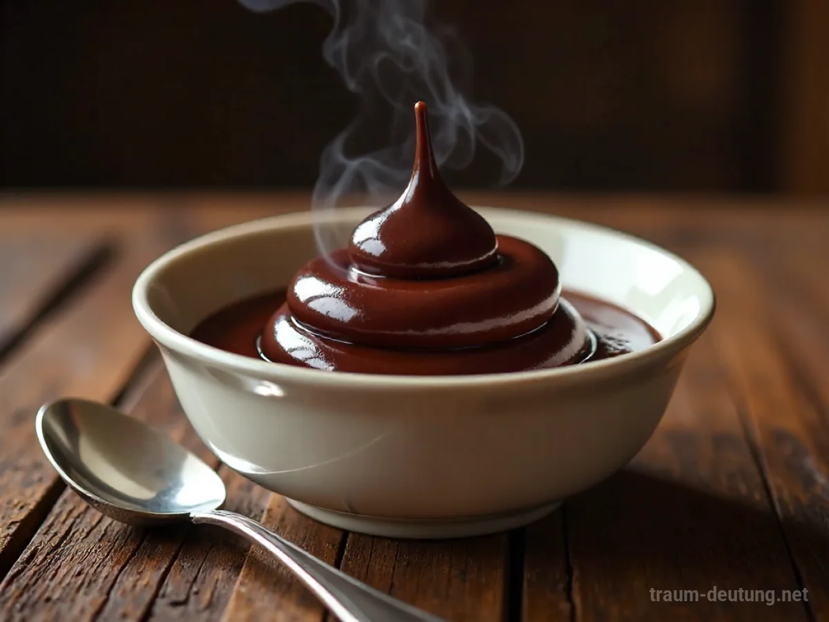 Traumsymbol Pudding: Ein glänzender Schokoladenpudding in einer Porzellanschale auf einem Holztisch, beleuchtet von warmem Licht.