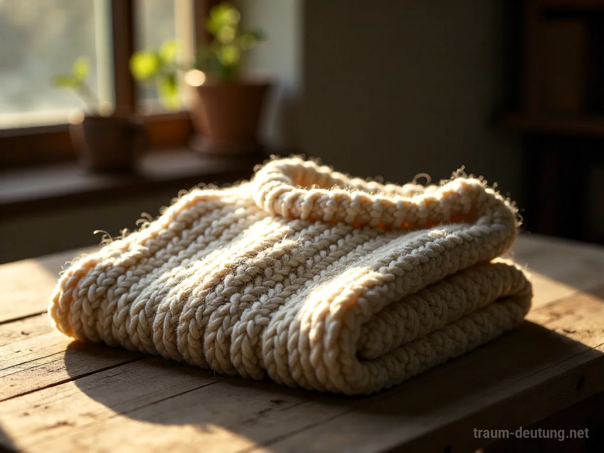 Traumsymbol Pulli: Ein weicher, gestrickter Wollpullover liegt auf einem Holztisch im warmen Sonnenlicht.