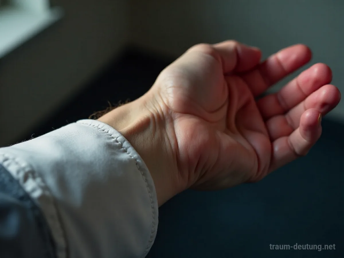 Traumsymbol Puls: Ein menschliches Handgelenk mit einem deutlich sichtbaren Puls unter der Haut, beleuchtet von sanftem Licht in einer ruhigen Umgebung.