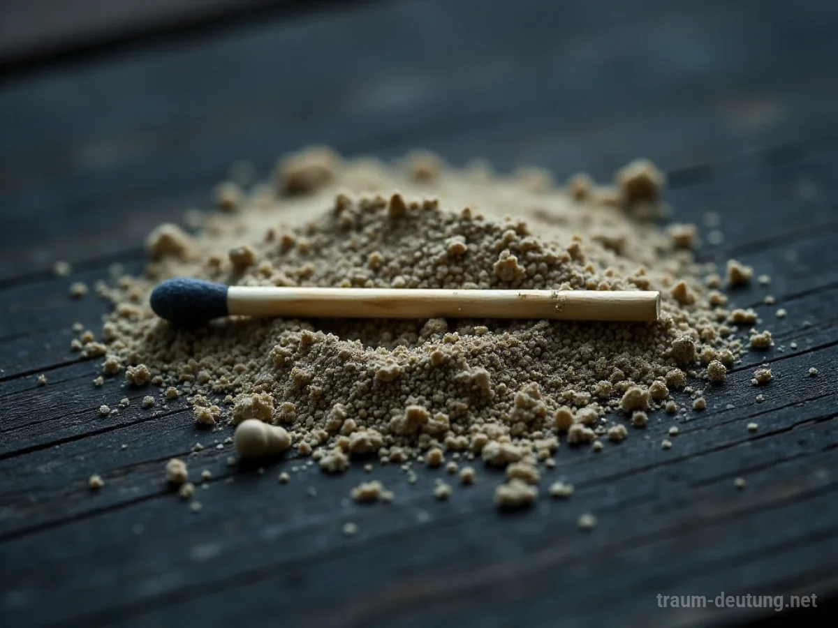 Traumsymbol Pulver: Feines, grau-braunes Pulver liegt auf dunklem Holz, daneben ein kleiner Messing-Streichholz im Mondlicht.