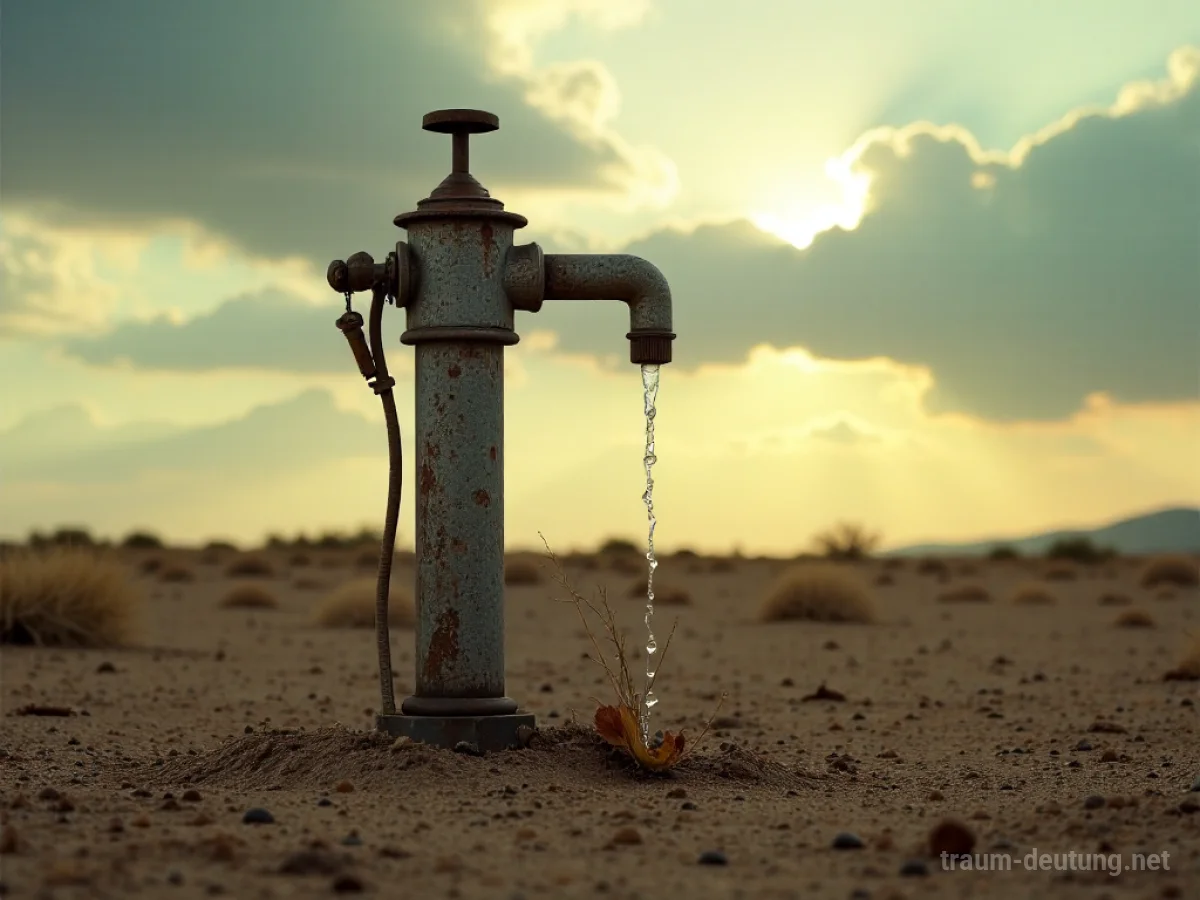 Traumsymbol Pumpe: Eine alte, verwitterte Handwasserpumpe steht einsam in einer trockenen, staubigen Landschaft unter einem dramatischen Himmel.
