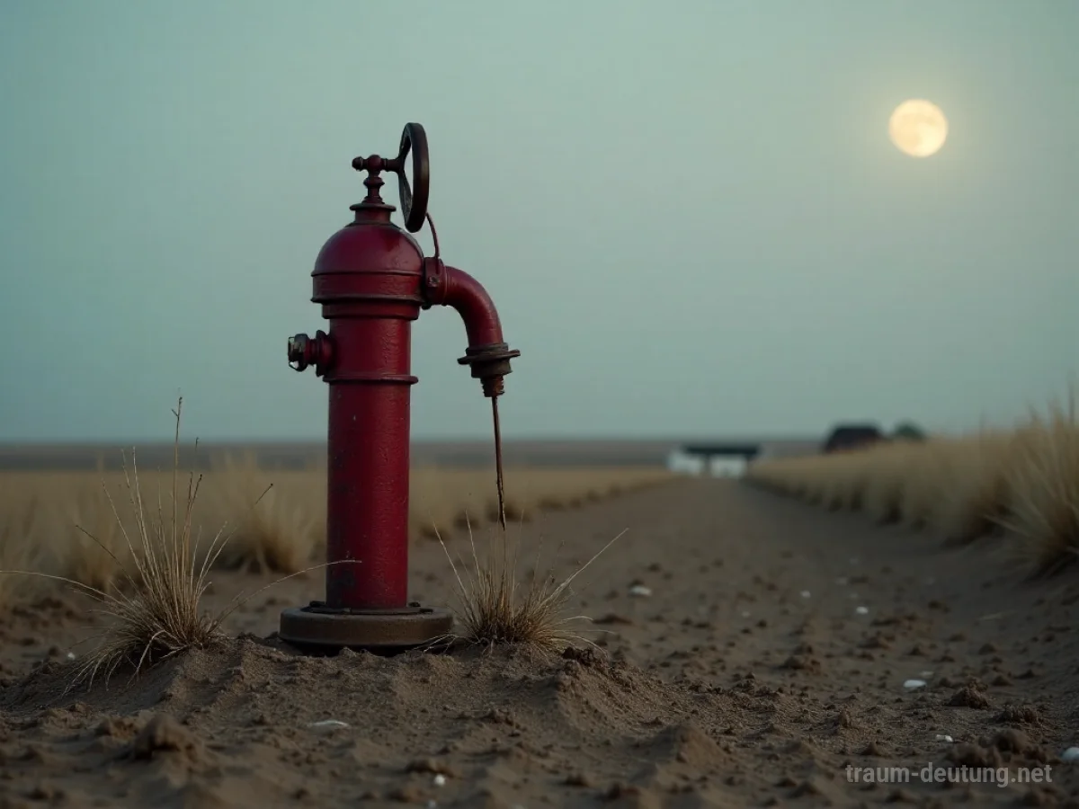 Traumsymbol Pumpen: Eine alte rote Handwasserpumpe steht einsam auf ausgetrocknetem, rissigem Ackerboden unter einem blassen Mondlicht, was auf emotionale Durststrecken hindeutet.