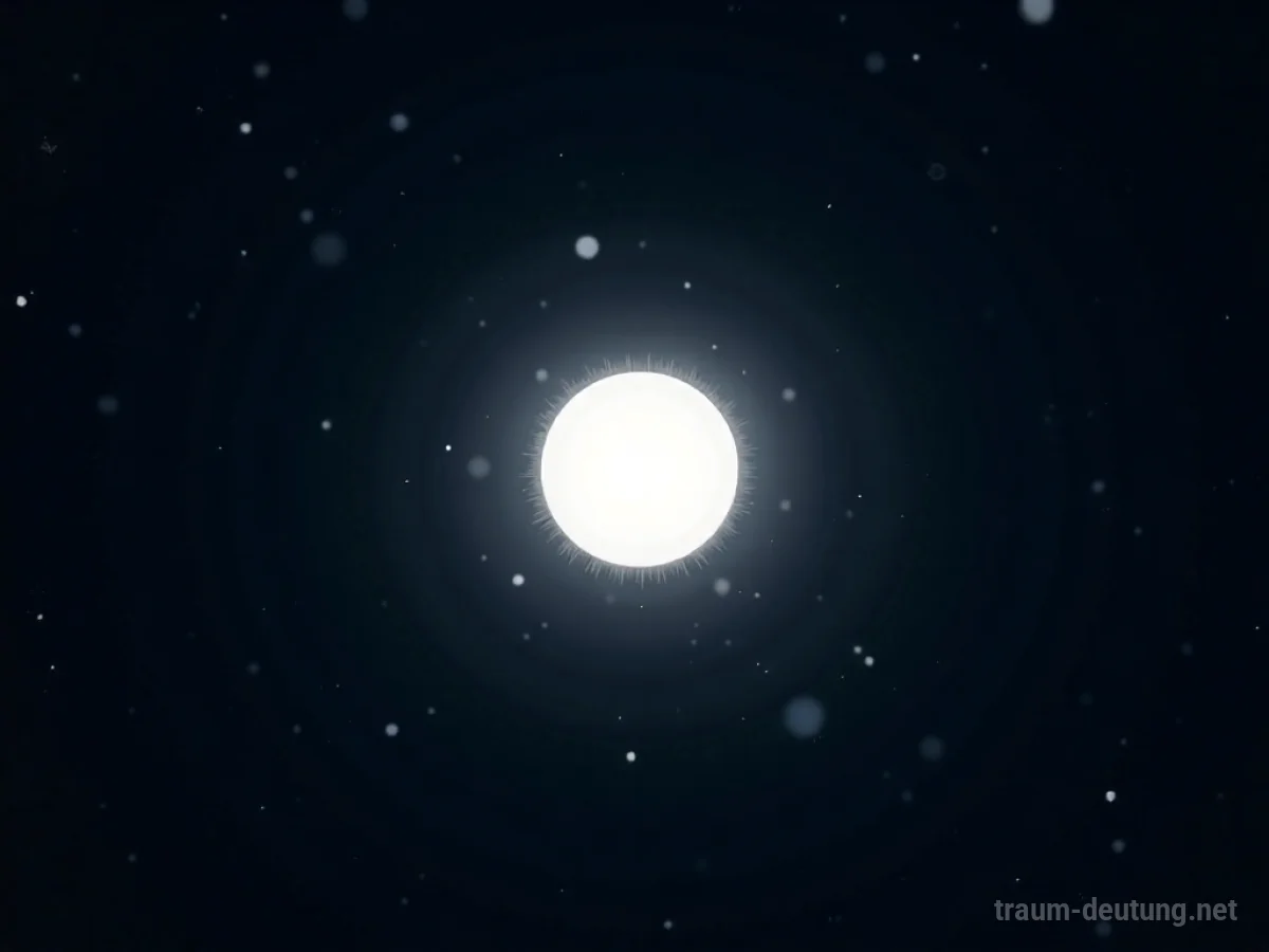 Traumsymbol Punkt: Ein einzelner, leuchtend weißer Punkt schwebt in absoluter Dunkelheit, umgeben von kosmischem Staub.