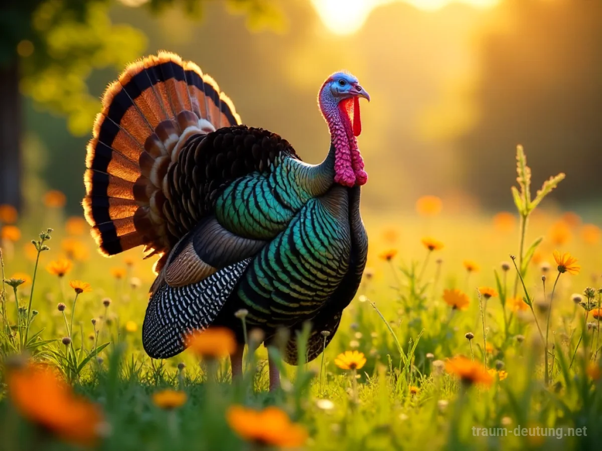 Traumsymbol Pute: Eine majestätische Pute steht stolz auf einer sonnenbeschienenen Wiese voller Wildblumen, ihr Gefieder schimmert in warmem Licht.