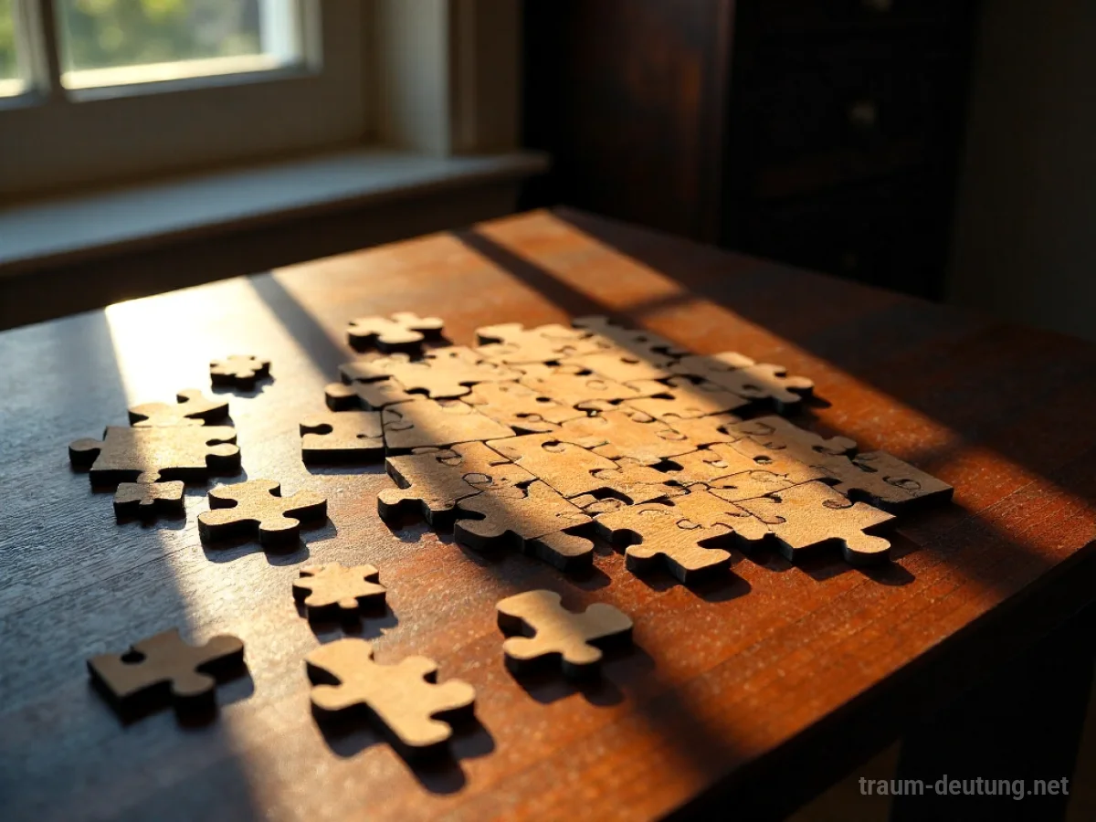 Traumsymbol Puzzle: Verstreute Holzpuzzleteile liegen auf einem dunklen Schreibtisch, beleuchtet von Sonnenlicht.