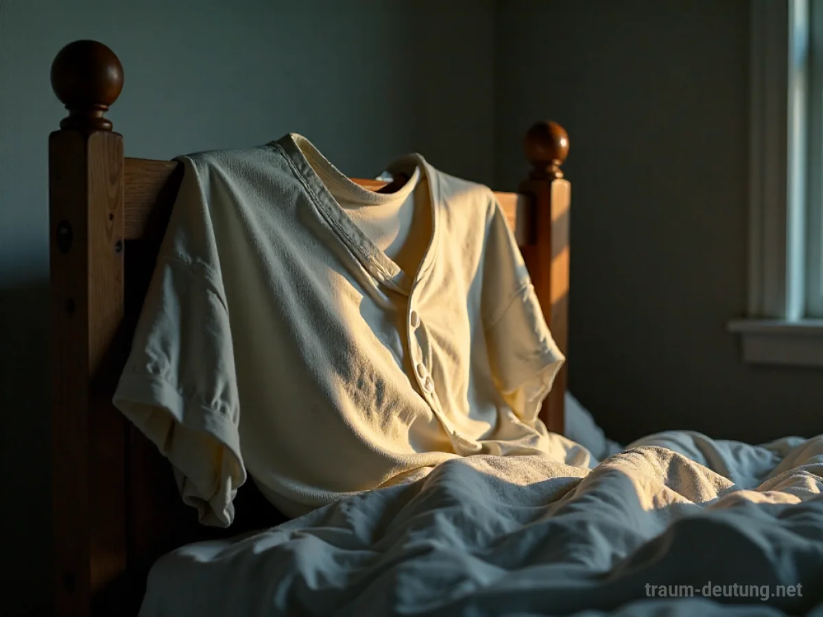 Traumsymbol Pyjama: Ein weicher, getragener Baumwollpyjama liegt auf einer hölzernen Bettpfoste in einem schattigen Schlafzimmer, beleuchtet von Mondlicht.