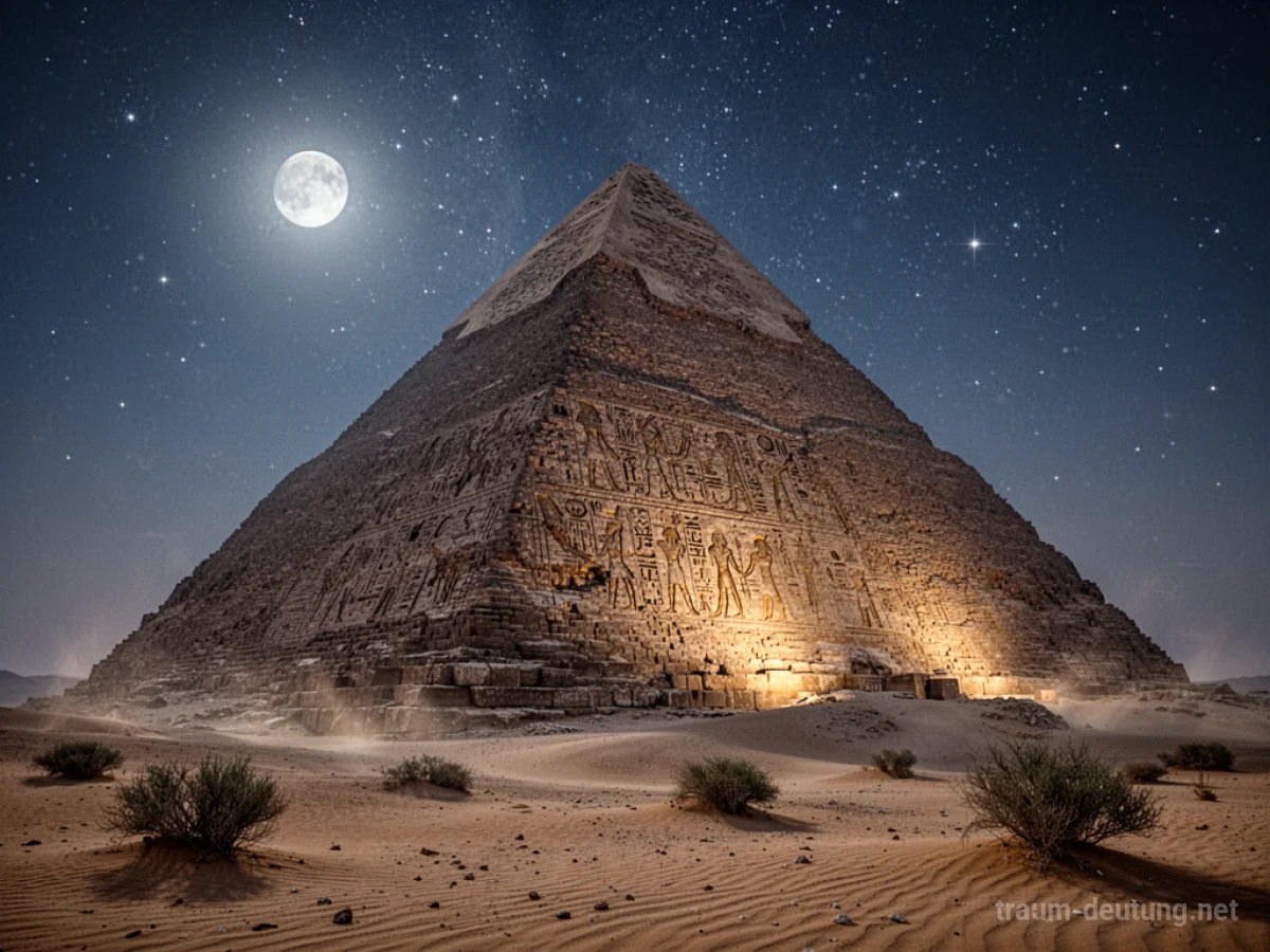 Traumsymbol Pyramide: Eine riesige, alte ägyptische Pyramide unter einem klaren Sternenhimmel, beleuchtet von Mondlicht, mit feinem Sand und Hieroglyphen.