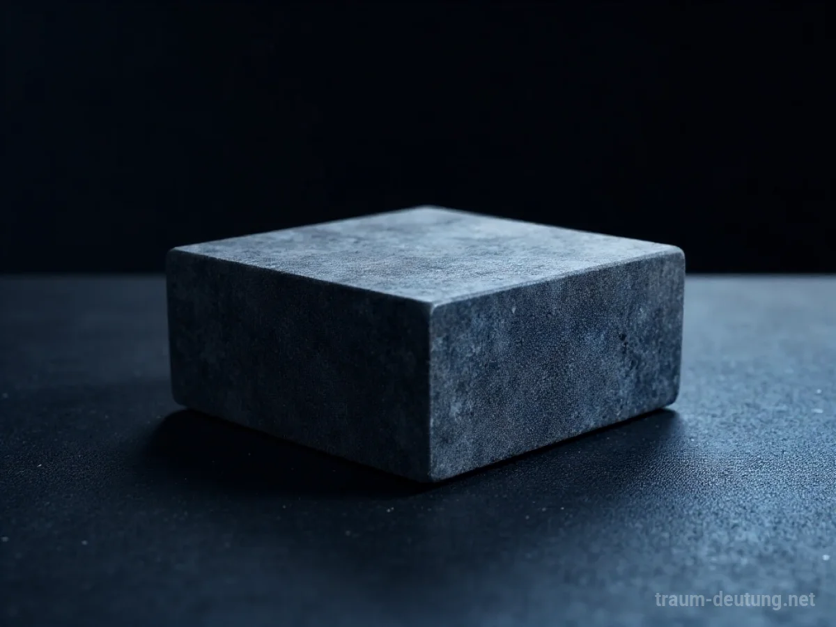 Traumsymbol Quader: Ein grauer Steinquader ruht auf poliertem Obsidian unter Mondlicht, mit langen Schatten und einem sternenklaren Nachthimmel.
