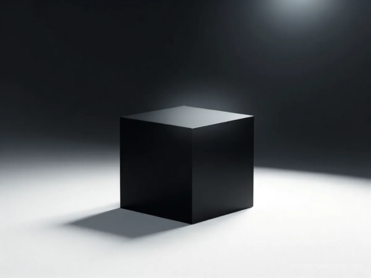 Traumsymbol Quadrat: Ein perfekter, schwarzer Würfel ruht auf einer unendlichen weißen Ebene unter einem einzelnen Scheinwerfer, der tiefe Schatten wirft.