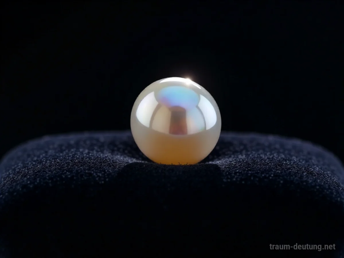 Traumsymbol Qualität: Eine einzelne, schillernde Perle liegt auf einem dunklen Samtkissen, beleuchtet von sanftem Licht.