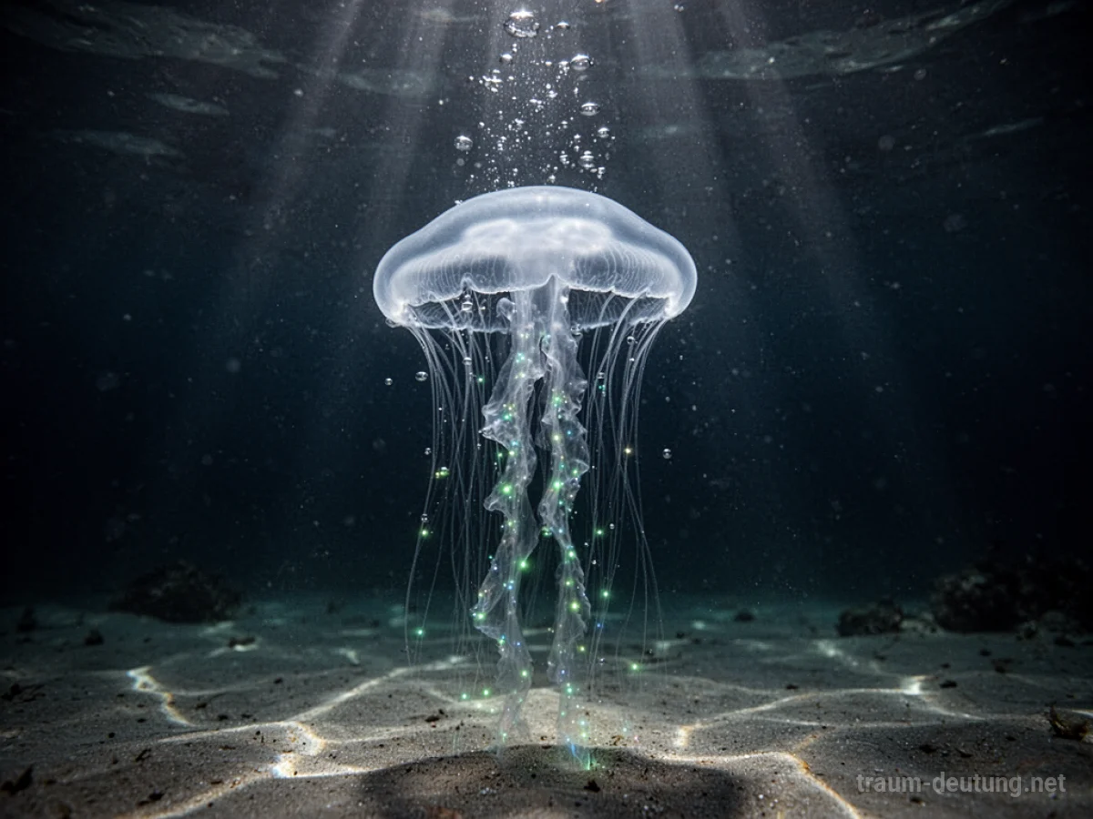 Traumsymbol Qualle: Eine durchscheinende Qualle schwebt in dunklem Ozeanwasser, ihre leuchtenden Tentakel strahlen sanft im Mondlicht.