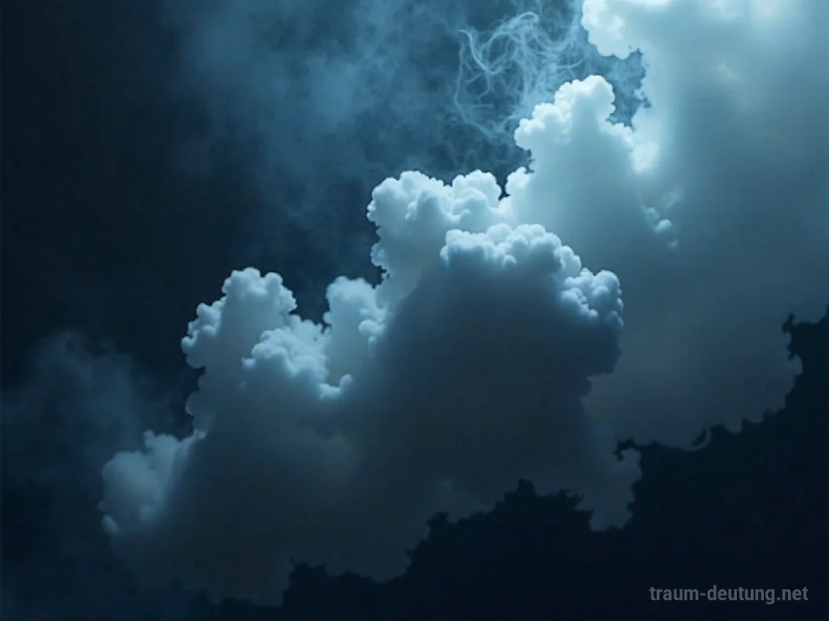Traumsymbol Qualm: Dichter, ätherischer Rauch in Grau- und Weißtönen steigt auf und verhüllt die untere Bildhälfte in einer dämmrigen Atmosphäre.